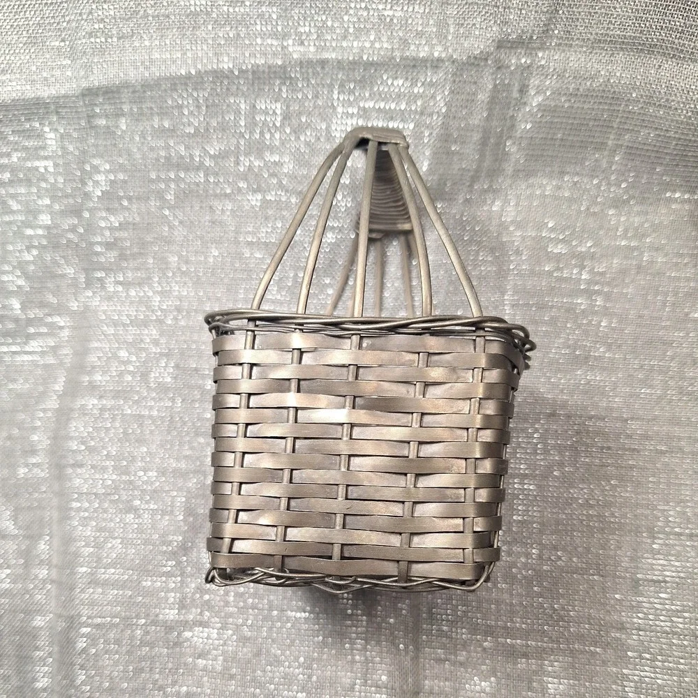 2 Mini Vintage Hammered Copper Basket & Metal Weave Handles Metalware Decor MCM